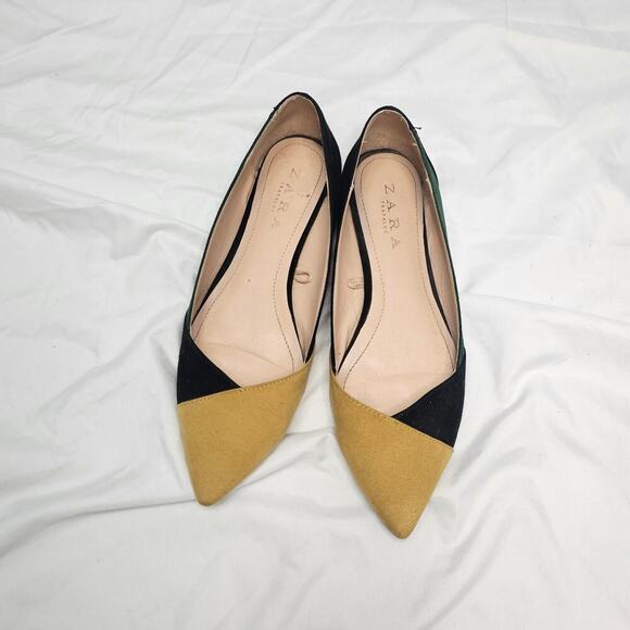 Zara Suede Colorblock Yellow Black Green Pointed Toe Flats Size 36 - Picture 2 of 5